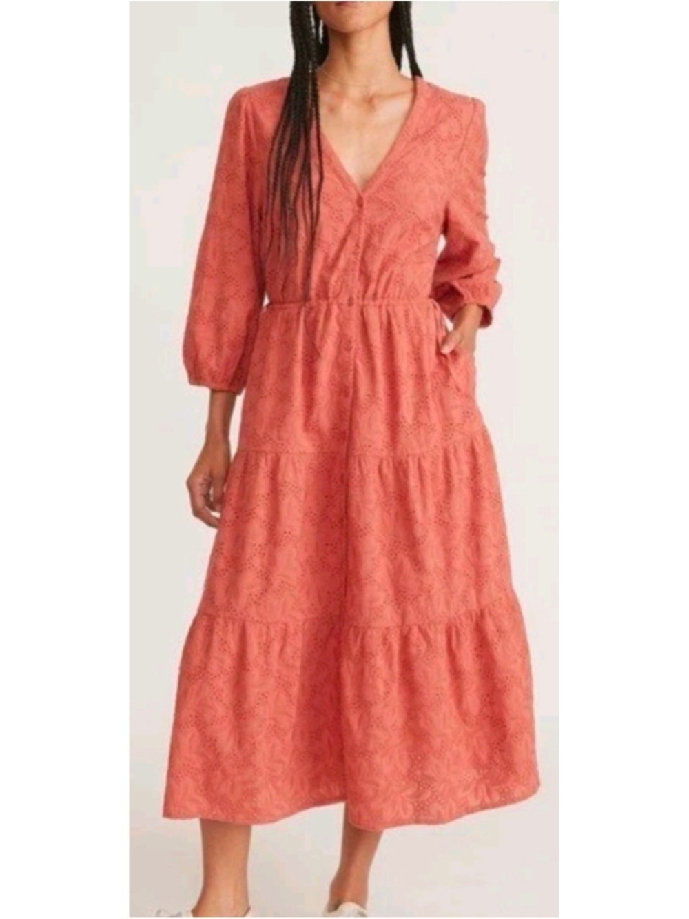 Marine Layer Willow Eyelet Tiered Midi Dress Mineral Red M